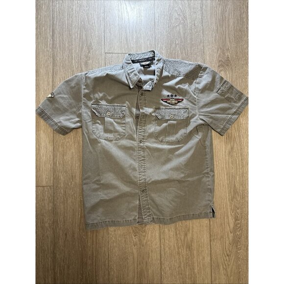 Mens Harley Davidson Gray Embroidered Patched Military Top Gun Button Shirt L - Picture 5 of 12